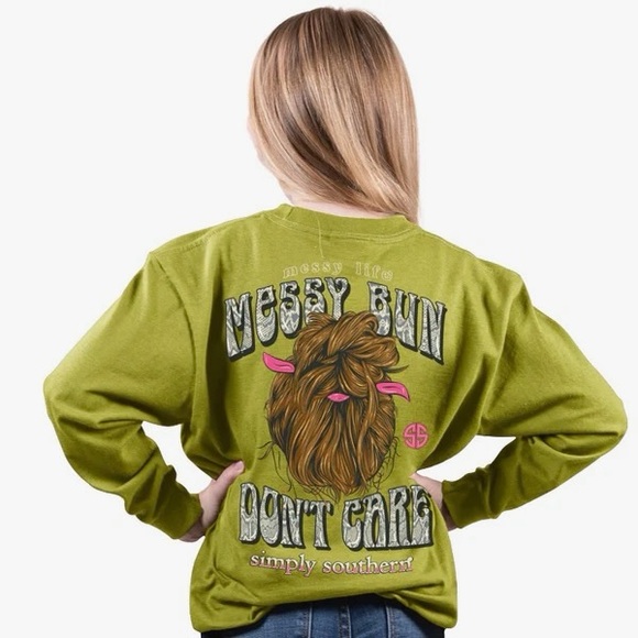 Simply Southern Tops - Simply Southern Messy Bun Dont Care Long Sleeve Graphic T-Shirt Womens S Green